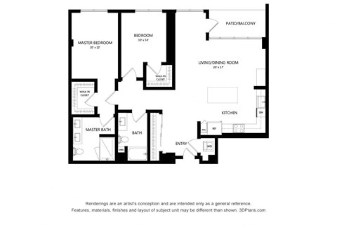 Floor plan for 2 beds, 2 baths, 1349 sqft